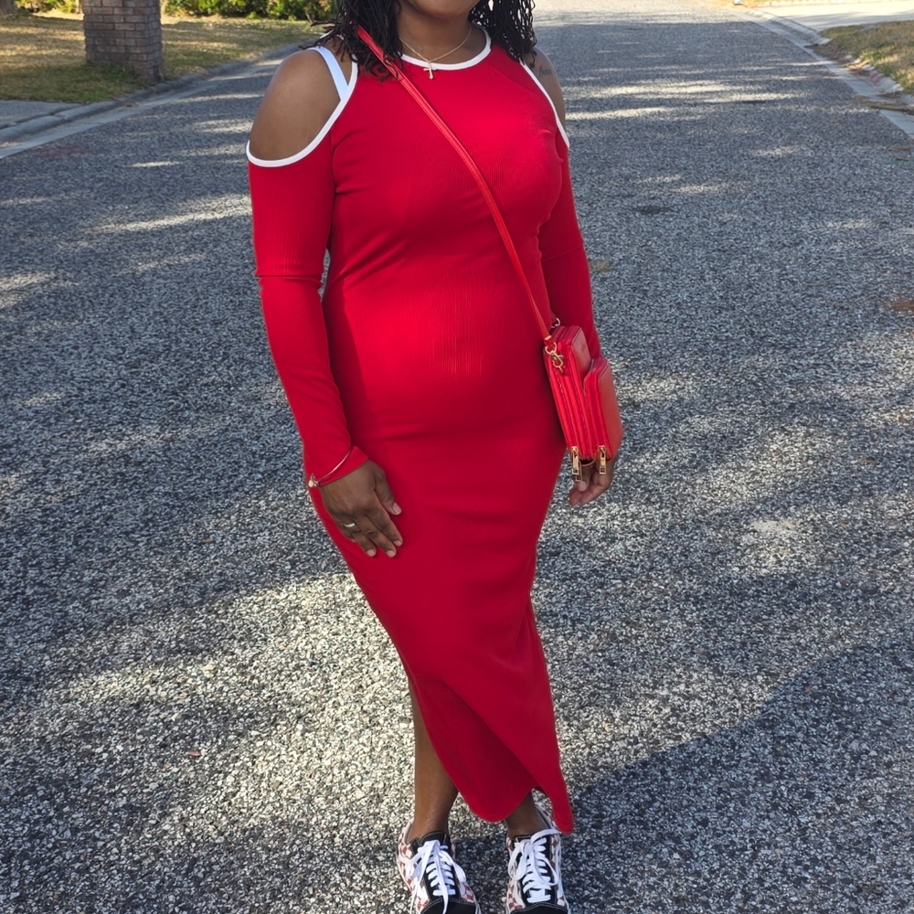 Elegant Red Maxi Dress with White Trim
